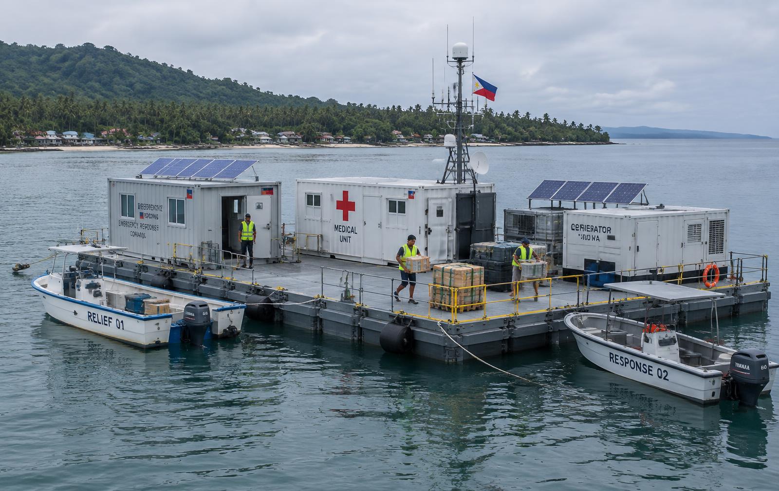 Modular floating emergency response base with workboats