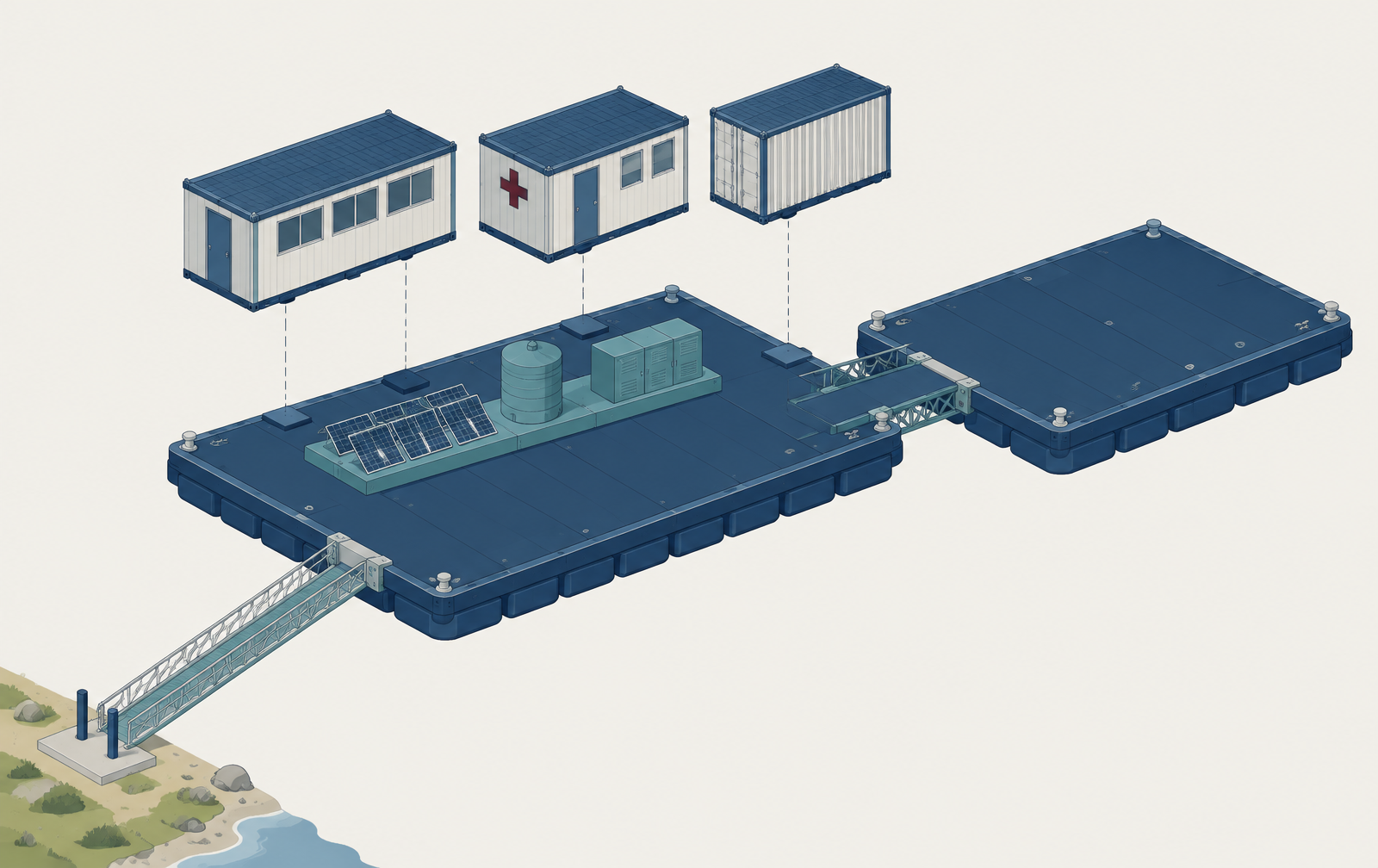 Isometric diagram showing a common floating platform with an integrated utilities spine, interchangeable mission modules, a linked expansion platform and a shore connection
